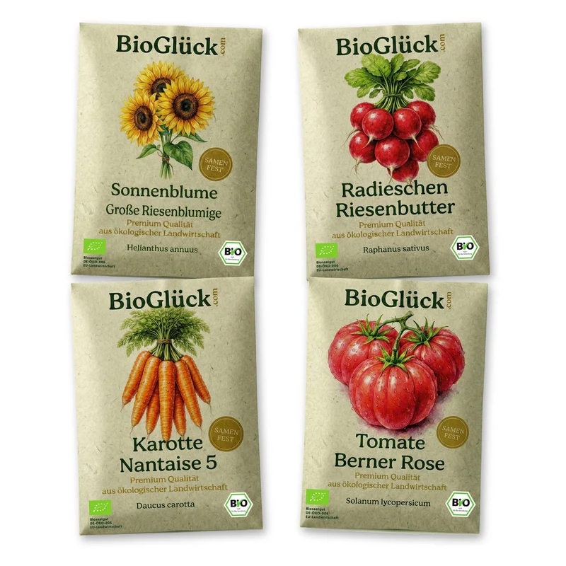 BioGlück Naschgarten Saatgut Set – 4 Bio Samen: Sonnenblume Riesenblumig, Radieschen Riesenbutter, Karotte Nantaise 5 & Tomate Berner Rose