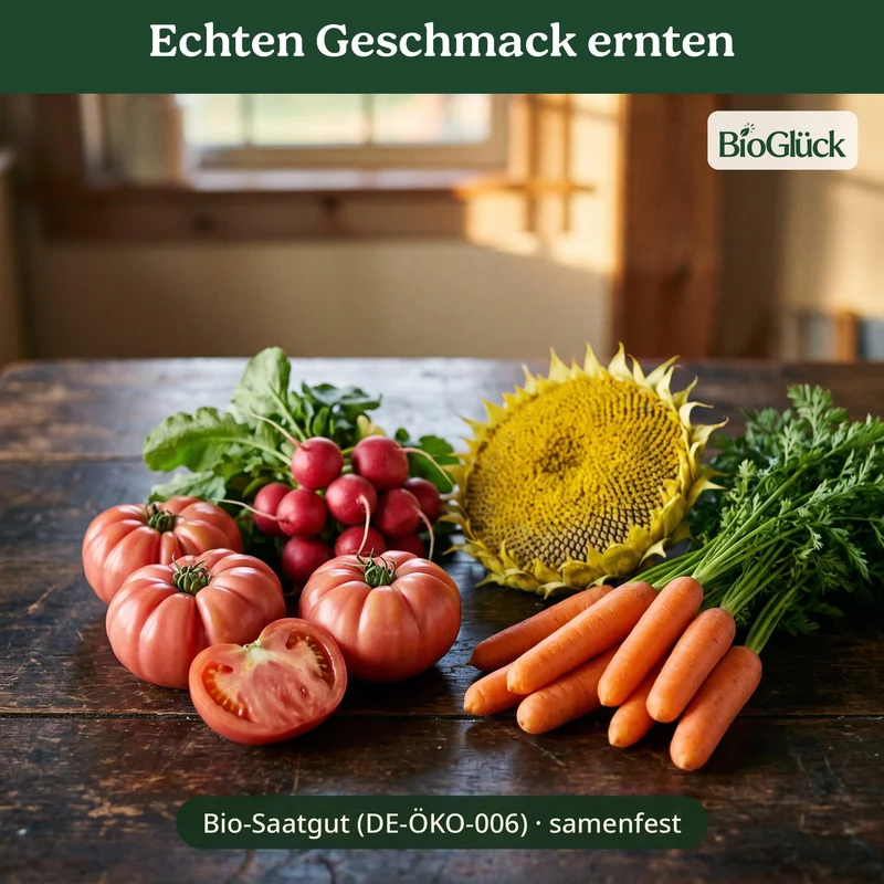 BioGlück Naschgarten Saatgut Set – 4 Bio Samen: Sonnenblume Riesenblumig, Radieschen Riesenbutter, Karotte Nantaise 5 & Tomate Berner Rose