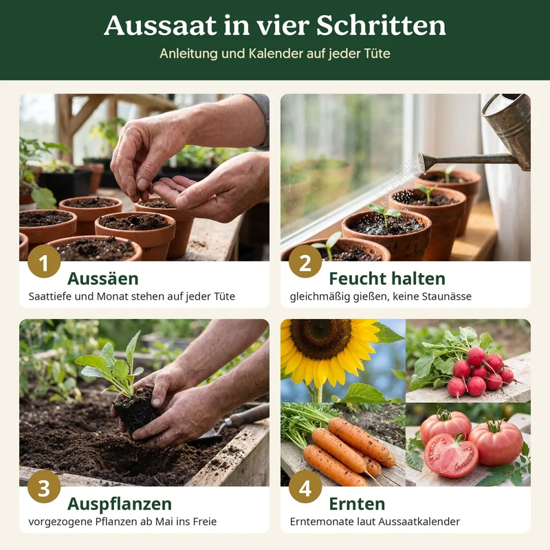 BioGlück Naschgarten Saatgut Set – 4 Bio Samen: Sonnenblume Riesenblumig, Radieschen Riesenbutter, Karotte Nantaise 5 & Tomate Berner Rose
