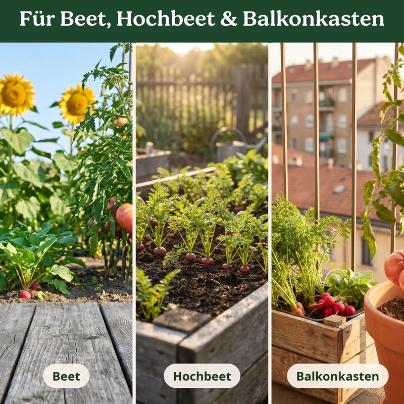 BioGlück Naschgarten Saatgut Set – 4 Bio Samen: Sonnenblume Riesenblumig, Radieschen Riesenbutter, Karotte Nantaise 5 & Tomate Berner Rose