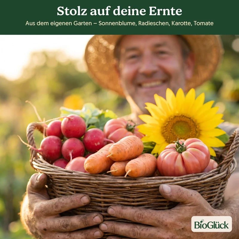 BioGlück Naschgarten Saatgut Set – 4 Bio Samen: Sonnenblume Riesenblumig, Radieschen Riesenbutter, Karotte Nantaise 5 & Tomate Berner Rose