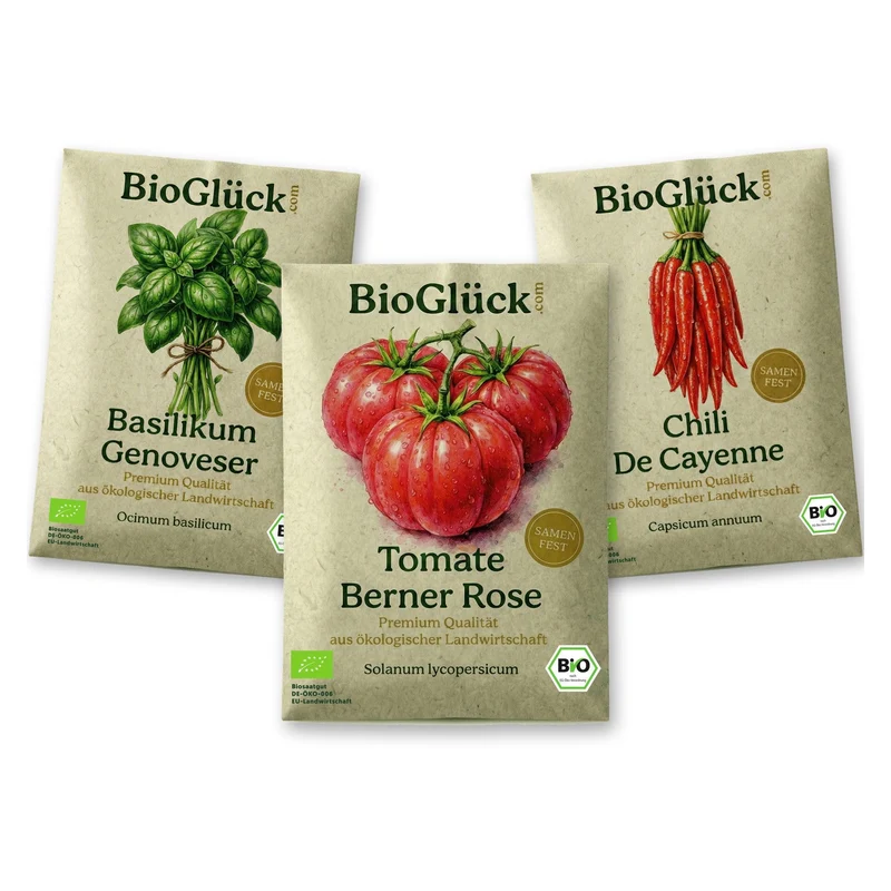 BioGlück Mediterran Saatgut Set – 3 Bio Samen: Tomate Berner Rose, Basilikum Genoveser & Chili De Cayenne