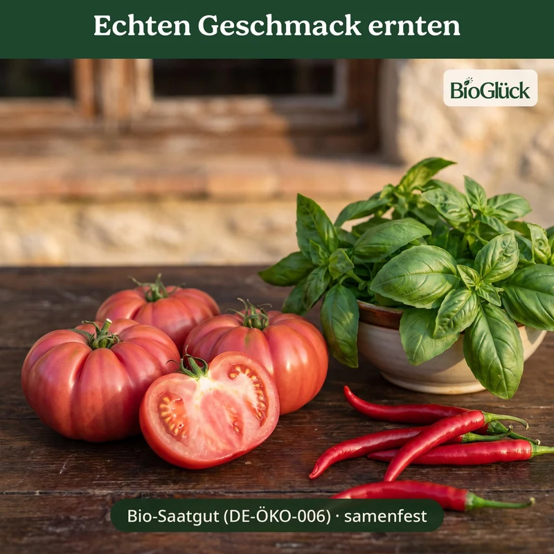 BioGlück Mediterran Saatgut Set – 3 Bio Samen: Tomate Berner Rose, Basilikum Genoveser & Chili De Cayenne
