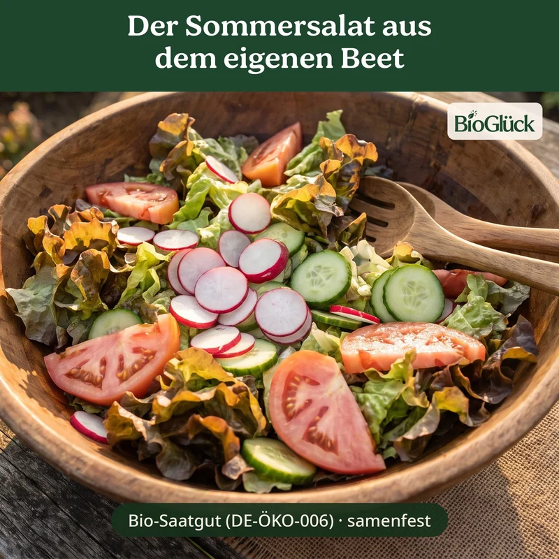 BioGlück Salatgarten Saatgut Set – 4 Bio Samen für den Sommersalat: Pflücksalat, Radieschen Riesenbutter, Salatgurke Sonja & Tomate Berner Rose