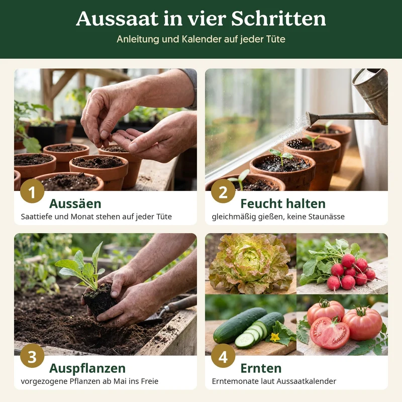 BioGlück Salatgarten Saatgut Set – 4 Bio Samen für den Sommersalat: Pflücksalat, Radieschen Riesenbutter, Salatgurke Sonja & Tomate Berner Rose