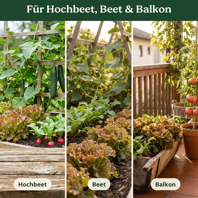 BioGlück Salatgarten Saatgut Set – 4 Bio Samen für den Sommersalat: Pflücksalat, Radieschen Riesenbutter, Salatgurke Sonja & Tomate Berner Rose