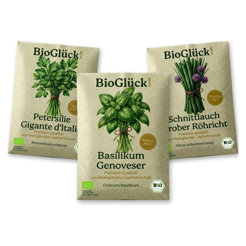 BioGlück Kräutergarten Saatgut Set – 3 Bio Kräutersamen: Basilikum Genoveser, Petersilie Gigante d'Italia, Schnittlauch Grober Röhricht