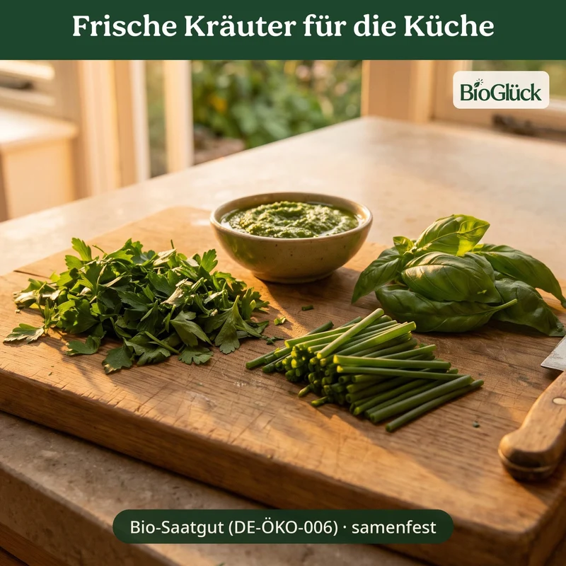 BioGlück Kräutergarten Saatgut Set – 3 Bio Kräutersamen: Basilikum Genoveser, Petersilie Gigante d'Italia, Schnittlauch Grober Röhricht