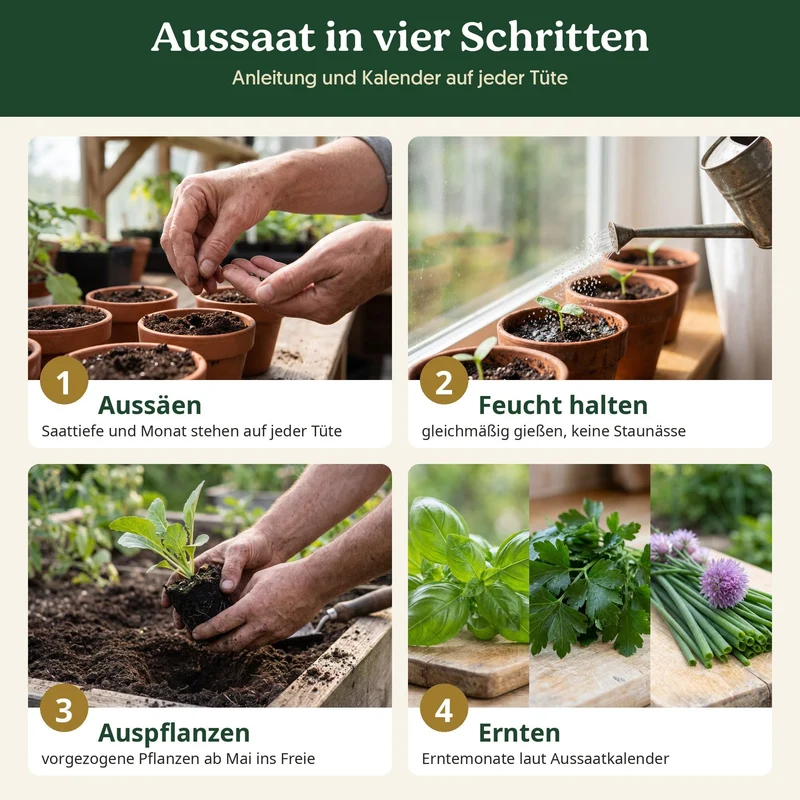 BioGlück Kräutergarten Saatgut Set – 3 Bio Kräutersamen: Basilikum Genoveser, Petersilie Gigante d'Italia, Schnittlauch Grober Röhricht