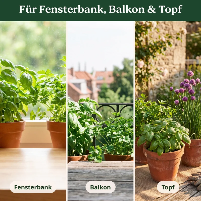BioGlück Kräutergarten Saatgut Set – 3 Bio Kräutersamen: Basilikum Genoveser, Petersilie Gigante d'Italia, Schnittlauch Grober Röhricht