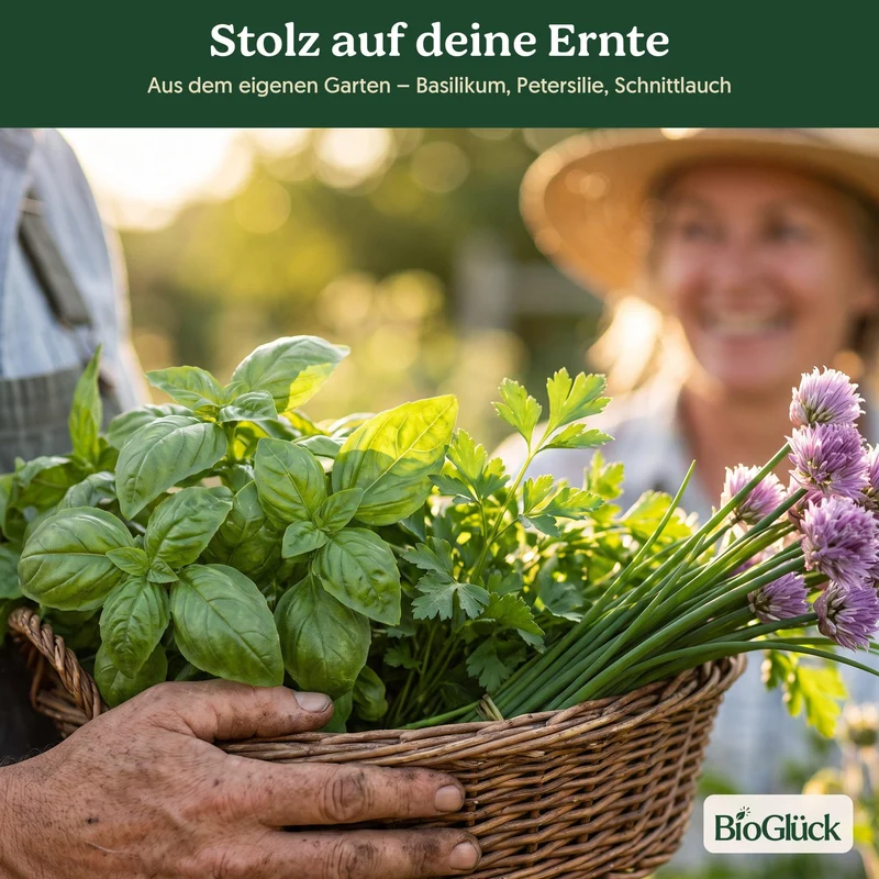 BioGlück Kräutergarten Saatgut Set – 3 Bio Kräutersamen: Basilikum Genoveser, Petersilie Gigante d'Italia, Schnittlauch Grober Röhricht