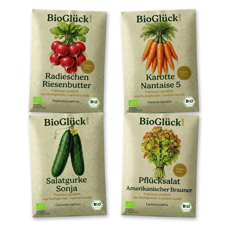 BioGlück Küchengarten Saatgut Set – 4 Bio Gemüsesamen: Radieschen Riesenbutter, Karotte Nantaise 5, Salatgurke Sonja & Pflücksalat