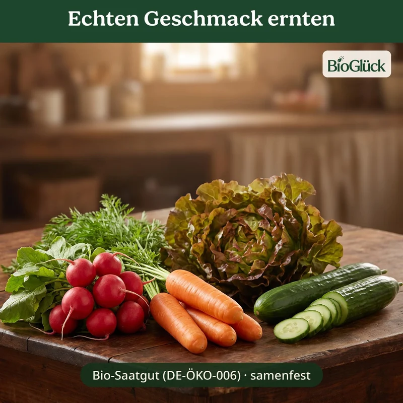 BioGlück Küchengarten Saatgut Set – 4 Bio Gemüsesamen: Radieschen Riesenbutter, Karotte Nantaise 5, Salatgurke Sonja & Pflücksalat