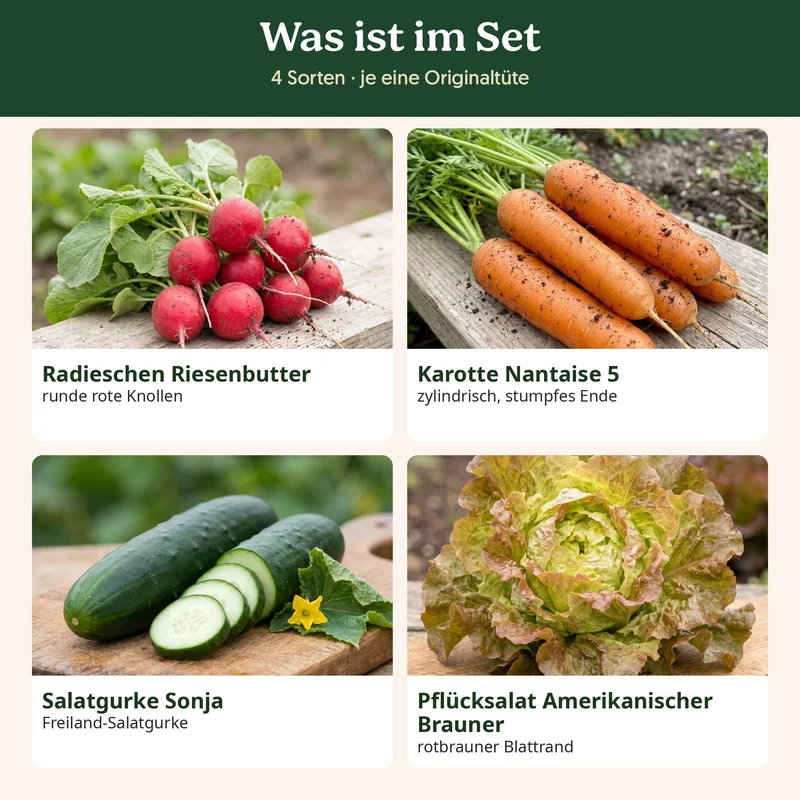 BioGlück Küchengarten Saatgut Set – 4 Bio Gemüsesamen: Radieschen Riesenbutter, Karotte Nantaise 5, Salatgurke Sonja & Pflücksalat