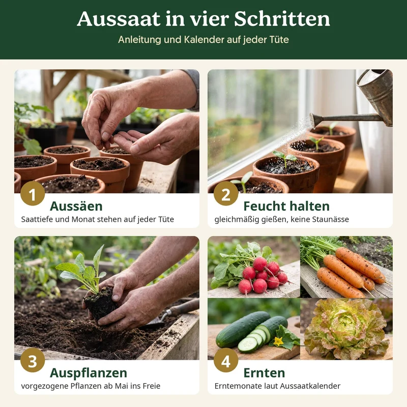 BioGlück Küchengarten Saatgut Set – 4 Bio Gemüsesamen: Radieschen Riesenbutter, Karotte Nantaise 5, Salatgurke Sonja & Pflücksalat