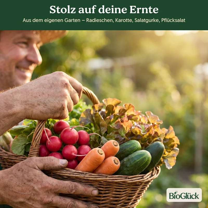 BioGlück Küchengarten Saatgut Set – 4 Bio Gemüsesamen: Radieschen Riesenbutter, Karotte Nantaise 5, Salatgurke Sonja & Pflücksalat