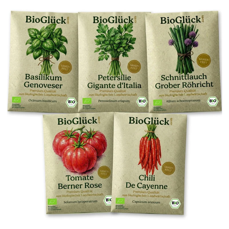 BioGlück Balkon & Fensterbank Saatgut Set – 5 Bio Samen: Basilikum, Petersilie, Schnittlauch, Tomate Berner Rose & Chili De Cayenne