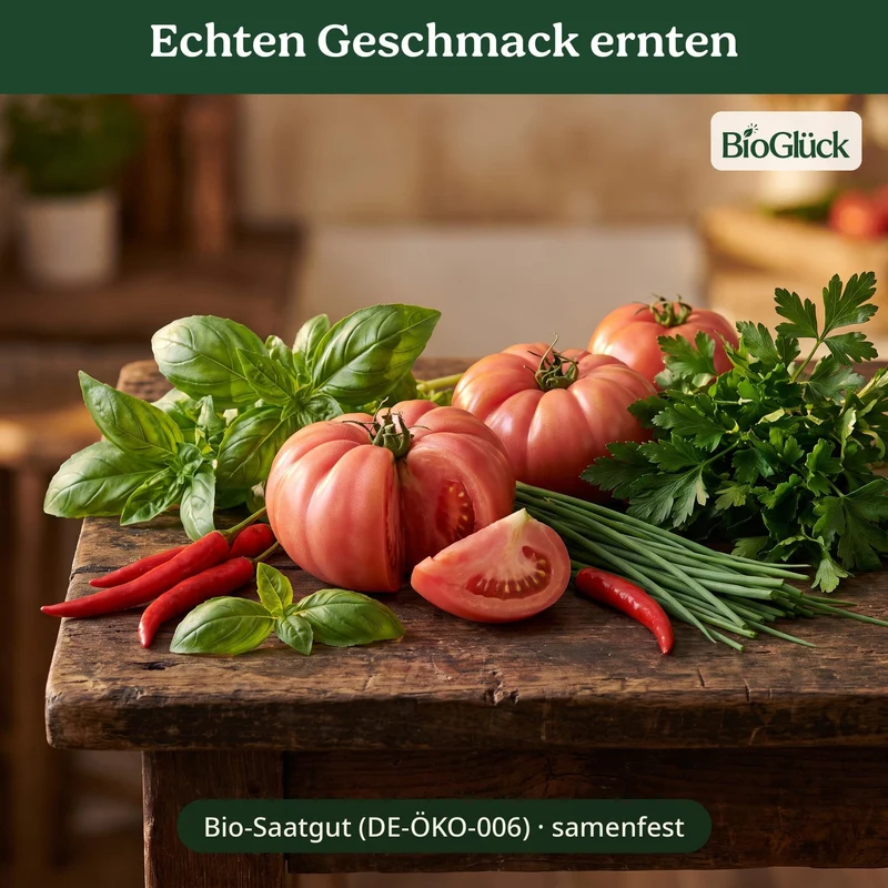 BioGlück Balkon & Fensterbank Saatgut Set – 5 Bio Samen: Basilikum, Petersilie, Schnittlauch, Tomate Berner Rose & Chili De Cayenne