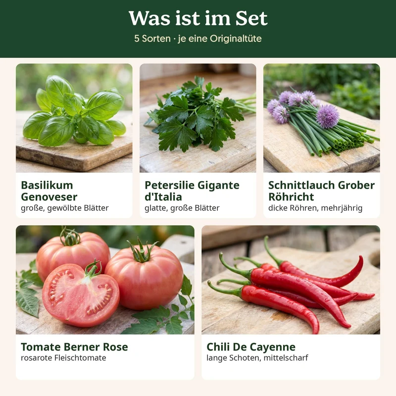 BioGlück Balkon & Fensterbank Saatgut Set – 5 Bio Samen: Basilikum, Petersilie, Schnittlauch, Tomate Berner Rose & Chili De Cayenne