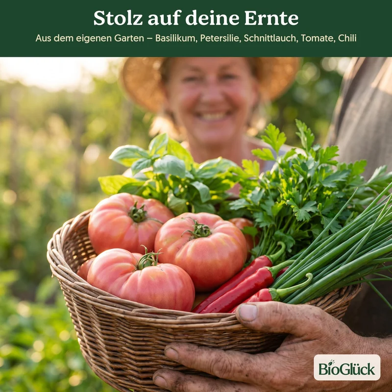 BioGlück Balkon & Fensterbank Saatgut Set – 5 Bio Samen: Basilikum, Petersilie, Schnittlauch, Tomate Berner Rose & Chili De Cayenne