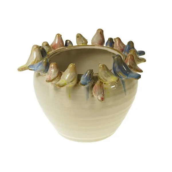 Blumentopf | Weiß mit bunten Vögeln Ø 21 H 15.5 cm