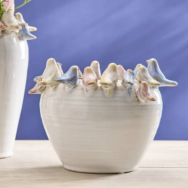 Blumentopf | Weiß mit bunten Vögeln Ø 21 H 15.5 cm