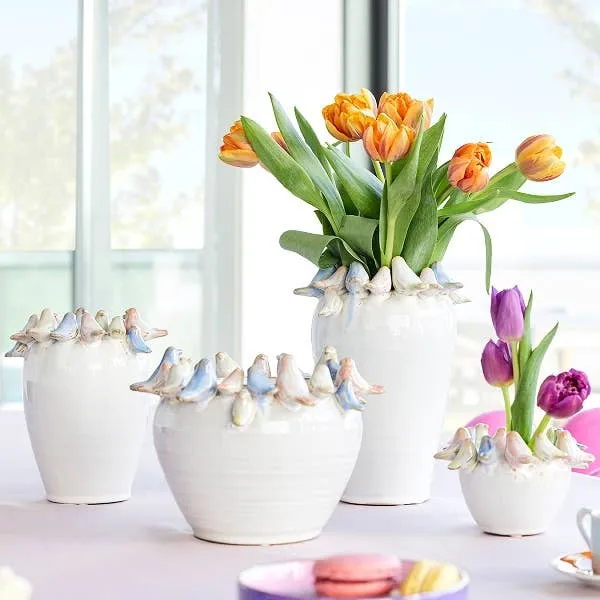 Blumentopf | Weiß mit bunten Vögeln Ø 21 H 15.5 cm