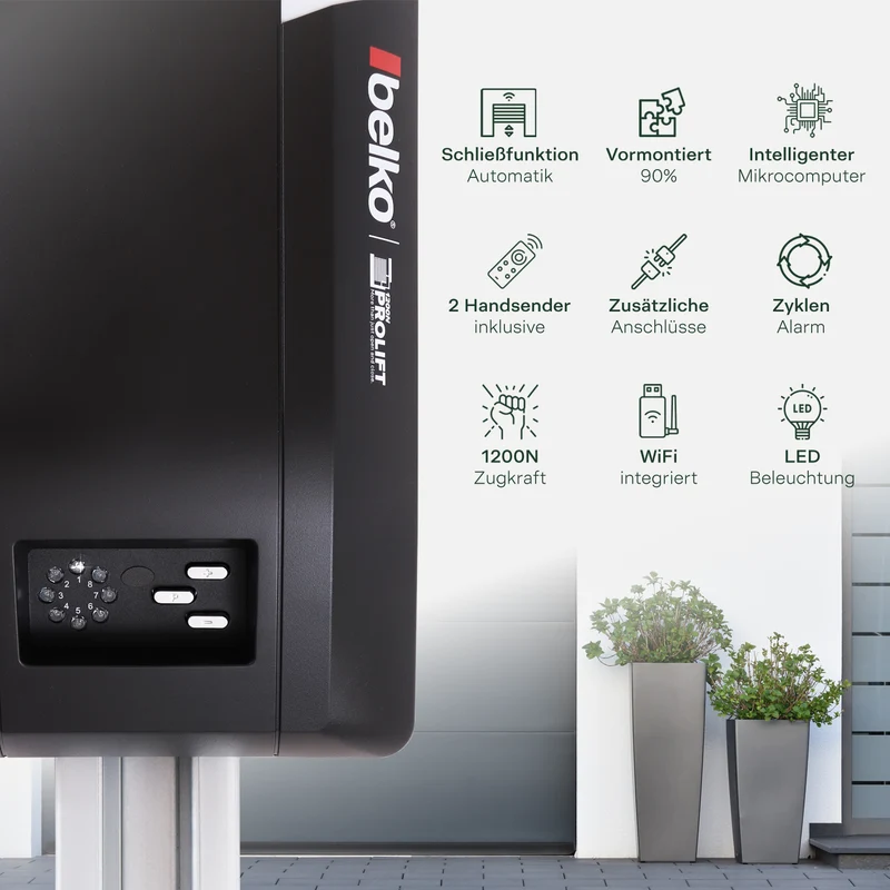 Belko® Garagentorantrieb ProLift 1200 N mit WiFi | für Schwing- & Sektionaltore bis 17 m² | LED & 2 Fernbedienungen