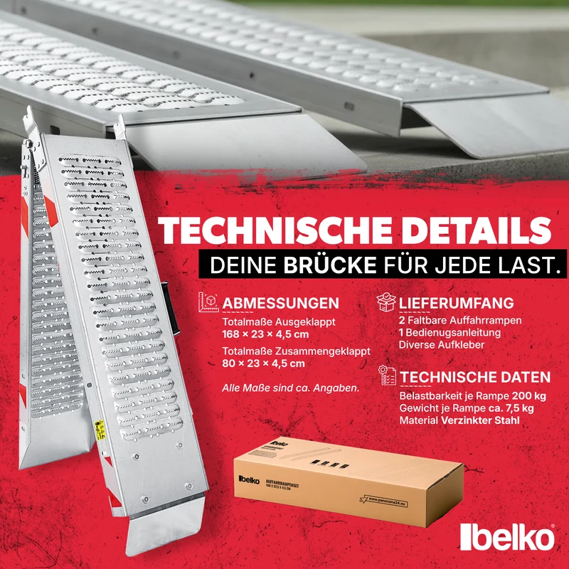 Belko® 2X Auffahrrampe 400kg Tragkraft | Verzinkter Stahl | Rutschfest perforiert | 23cm Breite | Klappbar / Nicht klappbar | PKW Motorrad Quad ATV Anhänger