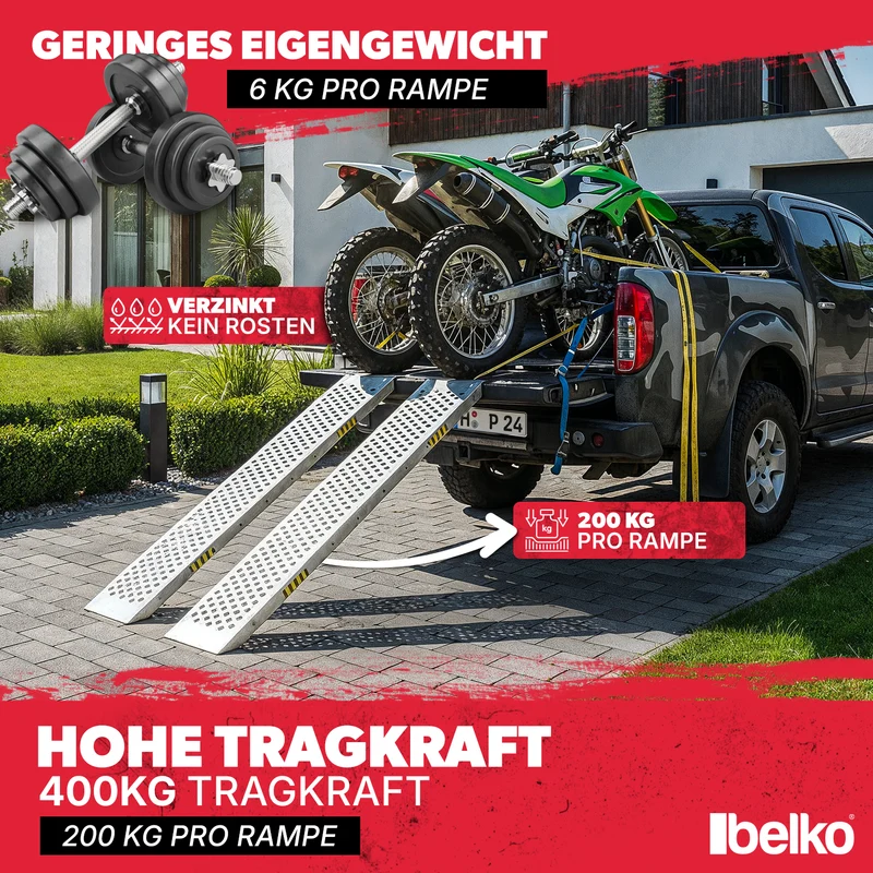 Belko® 2X Auffahrrampe 400kg Tragkraft | Verzinkter Stahl | Rutschfest perforiert | 23cm Breite | Klappbar / Nicht klappbar | PKW Motorrad Quad ATV Anhänger