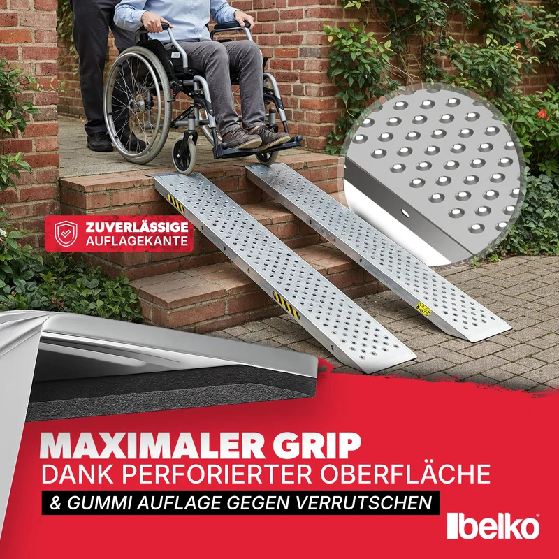 Belko® 2X Auffahrrampe 400kg Tragkraft | Verzinkter Stahl | Rutschfest perforiert | 23cm Breite | Klappbar / Nicht klappbar | PKW Motorrad Quad ATV Anhänger