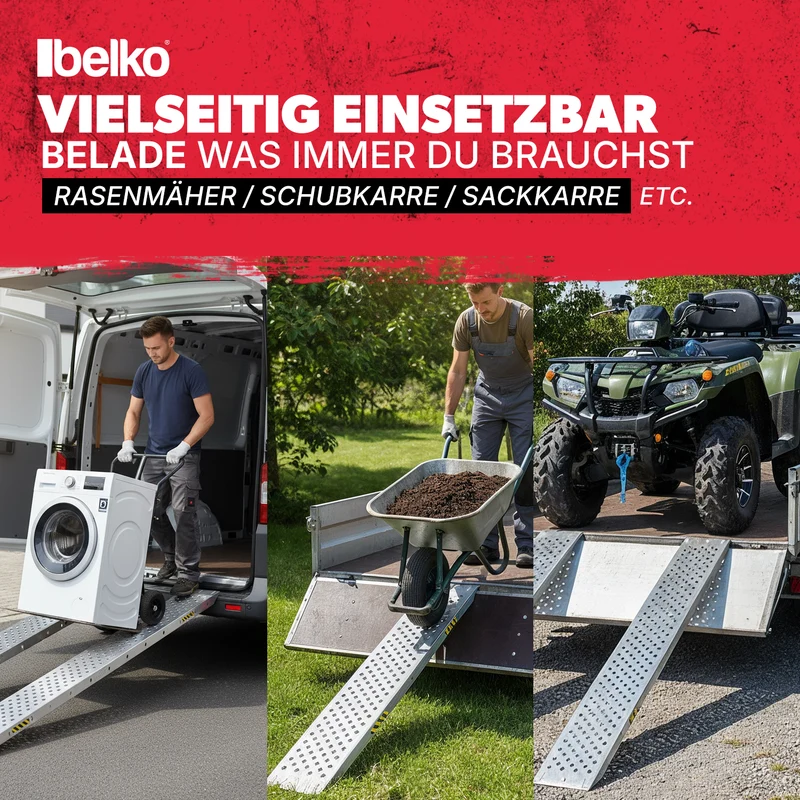 Belko® 2X Auffahrrampe 400kg Tragkraft | Verzinkter Stahl | Rutschfest perforiert | 23cm Breite | Klappbar / Nicht klappbar | PKW Motorrad Quad ATV Anhänger