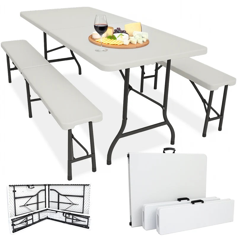 Devillo® Bierzeltgarnitur 3-teilig klappbar – Tisch + 2 Bänke – wetterfest – in Anthrazit, Weiß oder Rattanoptik