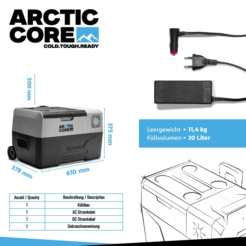 Belko® ArcticCore Kompressor Kühlbox – elektrisch kühlen & gefrieren – 30L / 50L – 12/24V & 100–240V – tragbare Auto & Camping Kühltruhe – grau