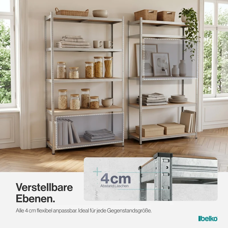 Belko® Schwerlastregal C225, 200x120x50 cm, 5 Böden, 180kg Tragkraft pro Boden, (Farbe wählbar) - Lagerregal, Steckregal