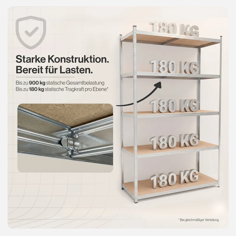 Belko® Schwerlastregal C226, 200x120x60 cm, 5 Böden, 180kg Tragkraft pro Boden, (Farbe wählbar) - Lagerregal, Steckregal