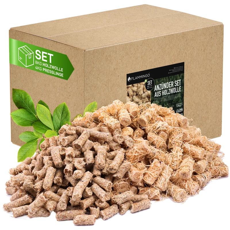 Flammingo® 12 kg Kamin-Anzünder Set, bestehend aus 8kg Holzwolleanzünder und 4kg Anzündsticks - aus Holzwolle und Wachs, ideal für Kamin, Ofen, Grill UVM.