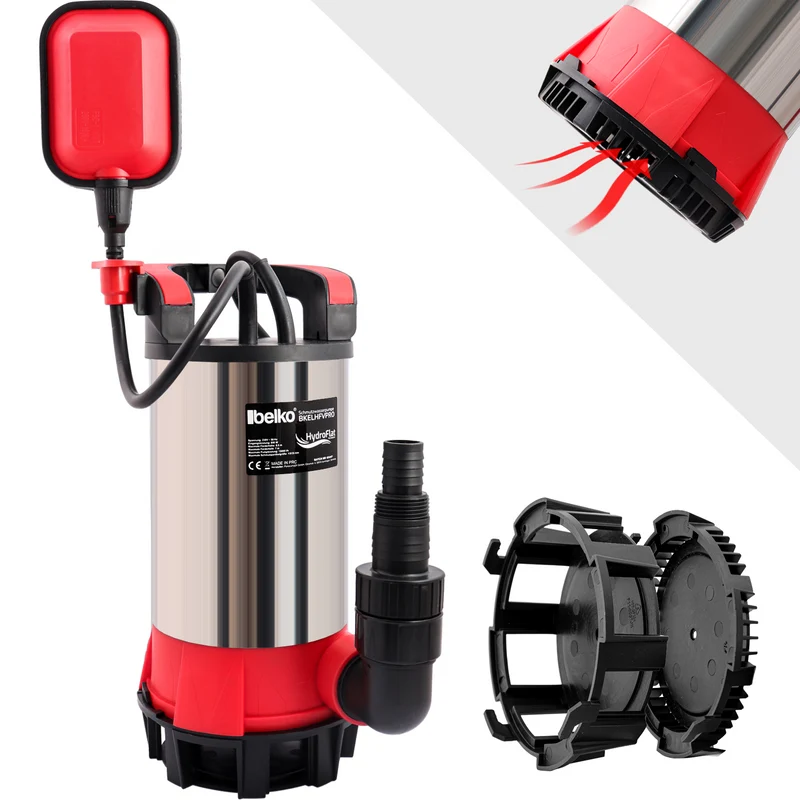 Belko® HydroFlat Vario Schmutzwasserpumpen – Pro 850W & Eco 400W, Flachsaugend bis 1 mm, Vielseitige 3-in-1 Aufsätze, Perfekt für Keller, Pool, Garten & Baustelle