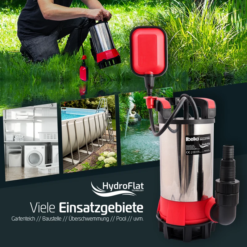 Belko® HydroFlat Vario Schmutzwasserpumpen – Pro 850W & Eco 400W, Flachsaugend bis 1 mm, Vielseitige 3-in-1 Aufsätze, Perfekt für Keller, Pool, Garten & Baustelle