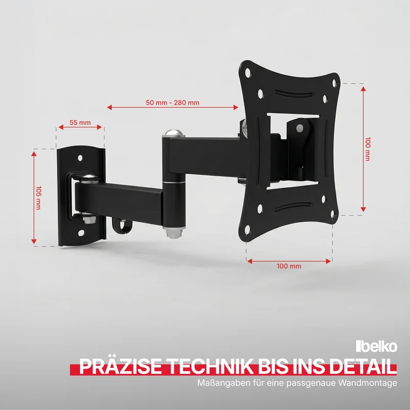 Belko® TV Wandhalterung, VESA max 100x100mm. Wandabstand: 50-280mm, für 10" - 27"