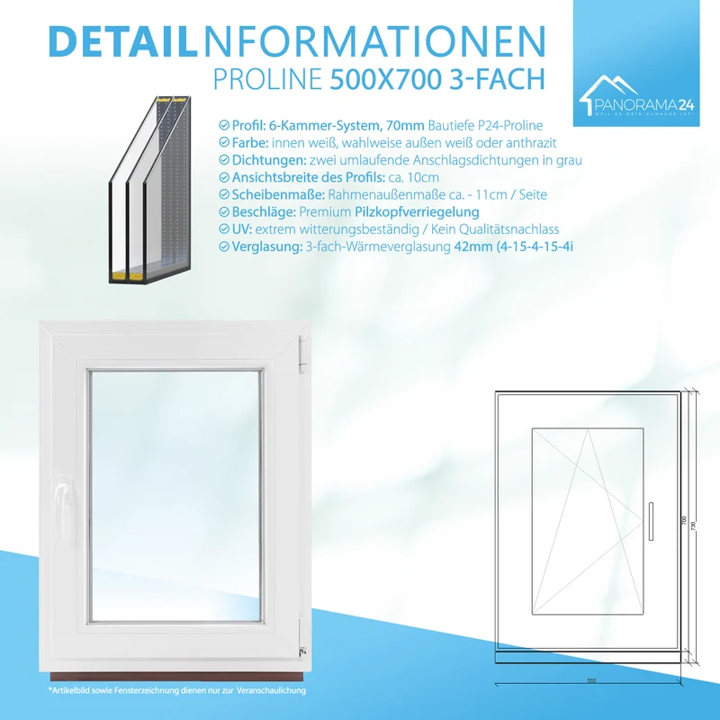 P24® Kellerfenster Kunststofffenster 3-fach 70mm Proline, weiß