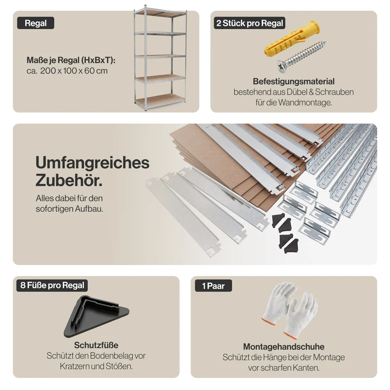 Belko® Schwerlastregal C224, 200x100x60 cm, 5 Böden, 180kg Tragkraft pro Boden, (Farbe wählbar) - Lagerregal, Steckregal