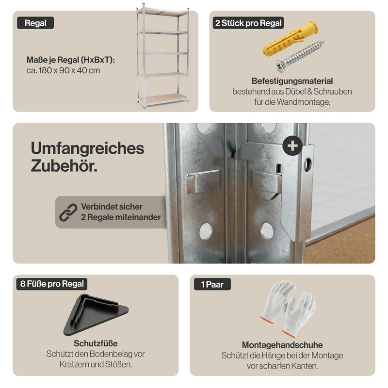 Belko® Schwerlastregal C114, 180x90x40 cm, 5 Böden, 175kg Tragkraft pro Boden, (Farbe wählbar) - Lagerregal, Steckregal