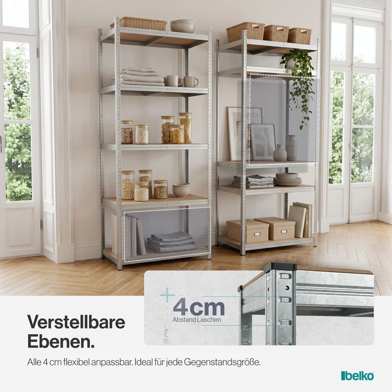 Belko® Schwerlastregal C121, 180x75x45 cm, 5 Böden, 175kg Tragkraft pro Boden, verzinkt - Lagerregal, Steckregal