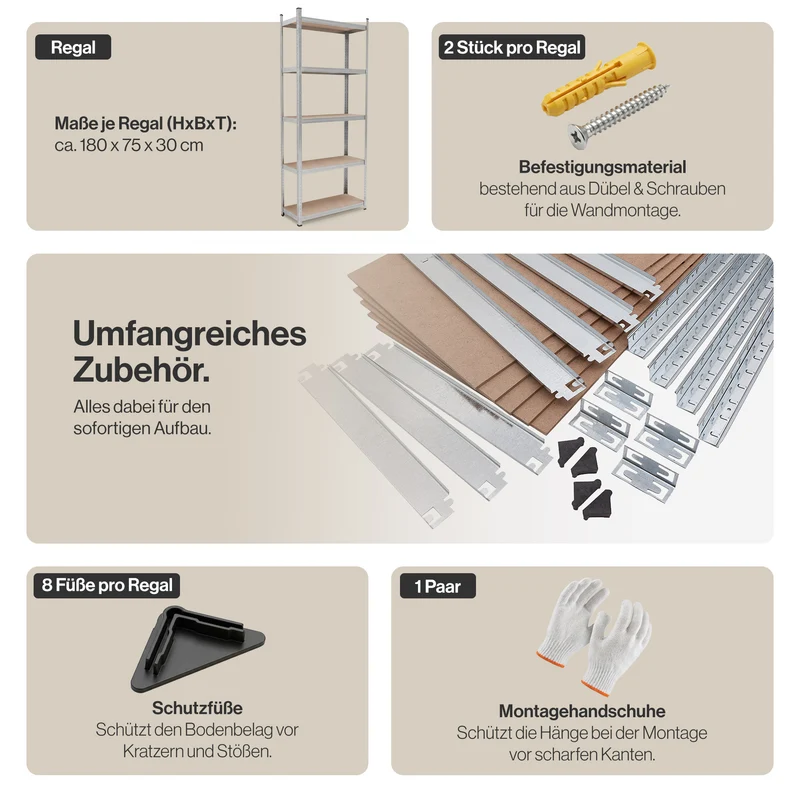 Belko® Schwerlastregal C120, 180x75x30 cm, 5 Böden, 70kg Tragkraft pro Boden, verzinkt - Lagerregal, Steckregal