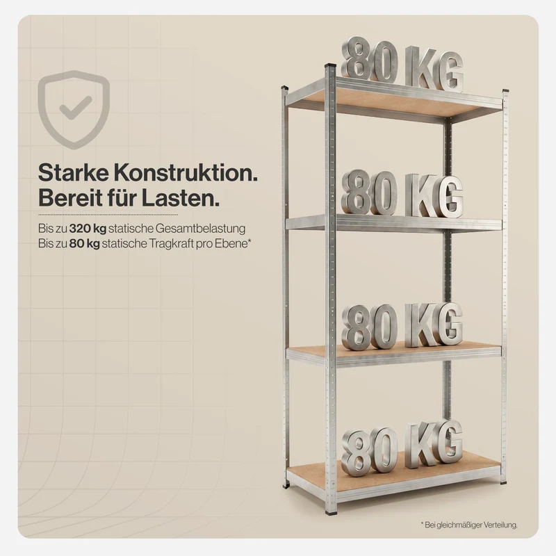 Belko® Schwerlastregal C113, 160x80x40 cm, 4 Böden, 80kg Tragkraft pro Boden, verzinkt - Lagerregal, Steckregal