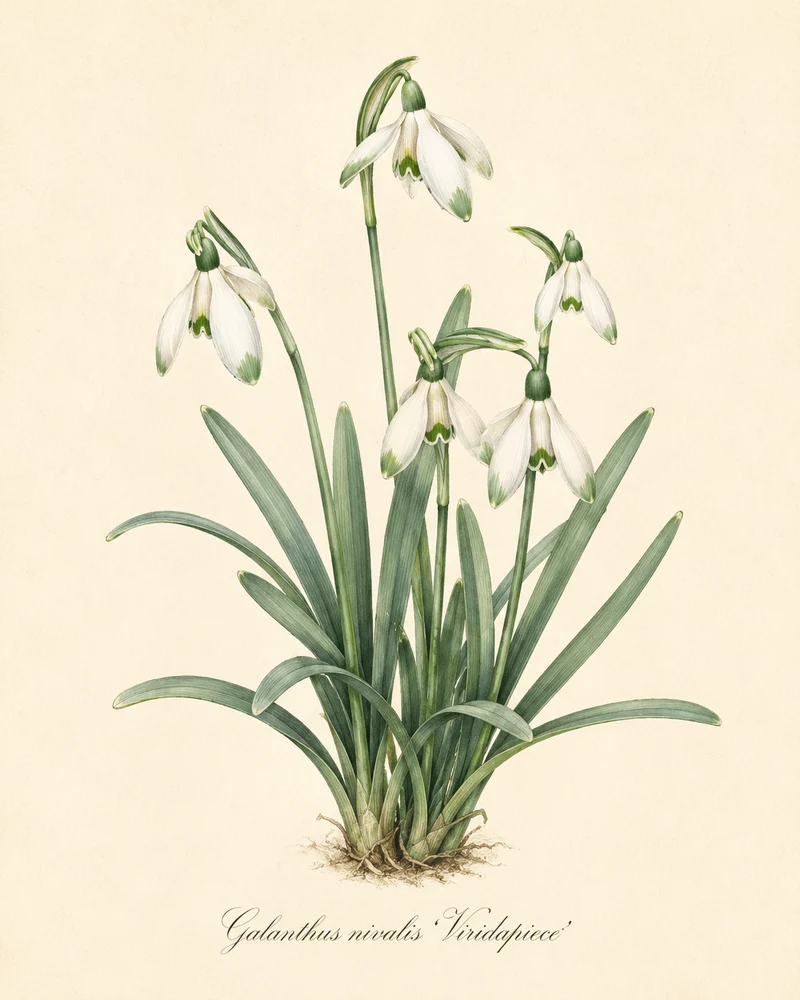 Galanthus nivalis ‘Viridapiece’ - Grünspitziges Schneeglöckchen