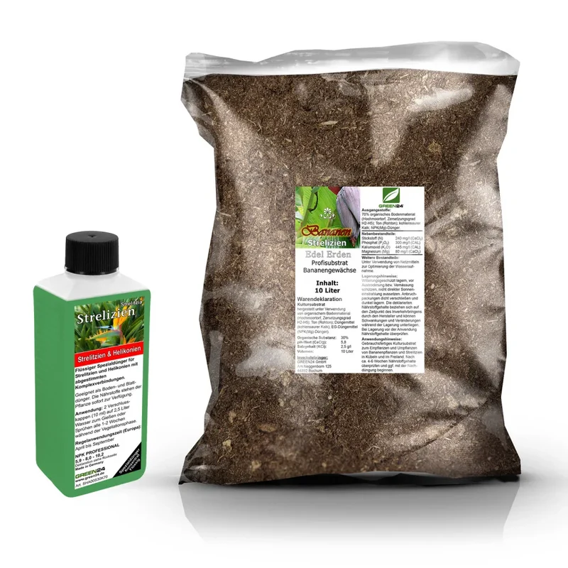 Strelitzien-Umtopfset · 10 l Erde + 250 ml Dünger