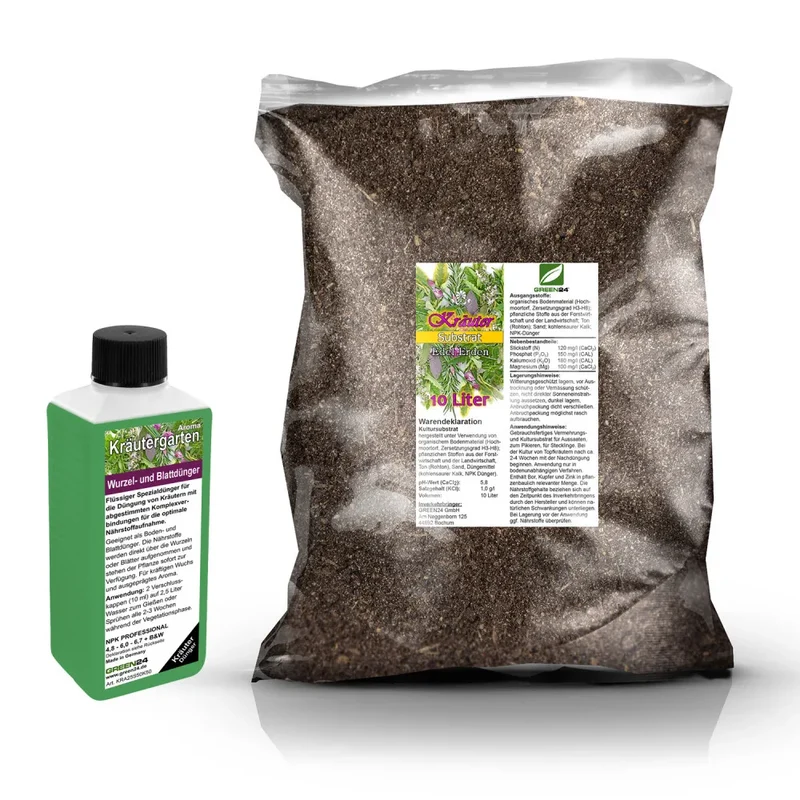 Kräuter-Umtopfset · 10 l Erde + 250 ml Dünger