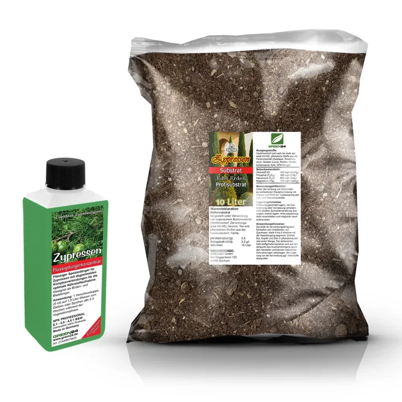 Zypressen-Umtopfset · 10 l Erde + 250 ml Dünger